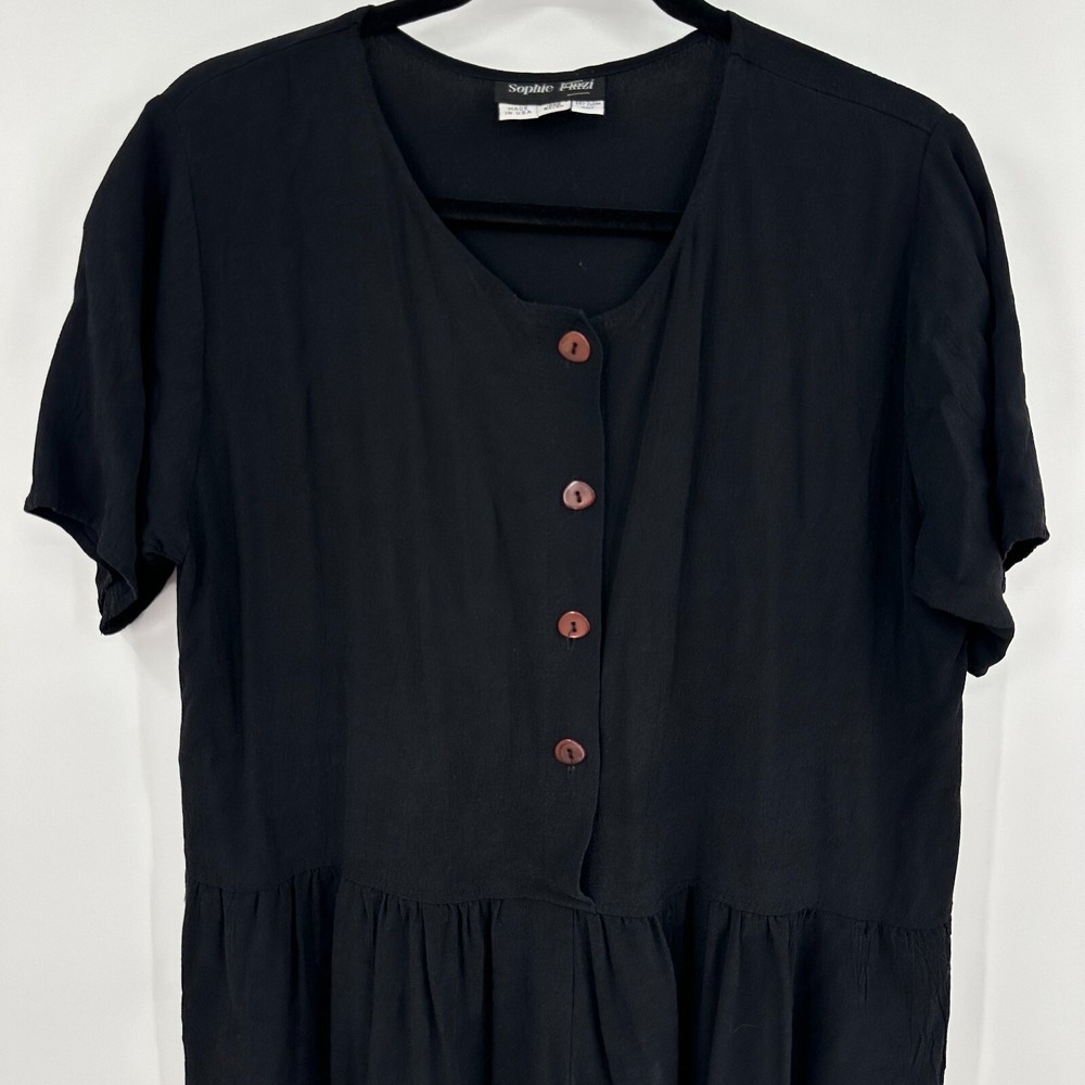 Sophie Finzi Jumpsuit Women's Lg Black Rayon Pleated Short Sleeve Button Front